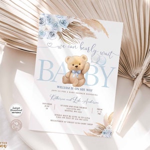 Editierbare Blaue Pampas Gras We Can Bearly Wait Blue Boy Boho Teddybär Baby Shower Einladung Einladung Vorlage Instant Download 904V3