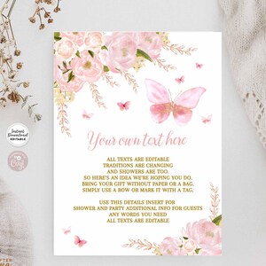 Editable Personalized Butterfly Detail Insert Card Insert Blush Pink Rose Gold Butterfly Twins Baby Shower Printable Instant Download 1406