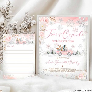 Floco de neve rosa blush editável caminhão rosa inverno floresta onederland cápsula do tempo primeiro aniversário lembrança para impressão download instantâneo 1319K1
