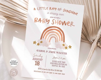 May include: A baby shower invitation with a rainbow and stars design. The invitation is for Carol & Jack Walter and is scheduled for Saturday, August 18th from 2-4 pm at Elisa's Back Yard, 21258 Wellington Ave, Seattle, WA 12555. RSVP to Luna by July 8th at 225 696 5469. Registered at Buy Buy Baby & Luna Baby Shop.