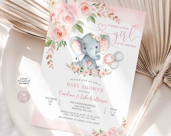 EDITABLE Blush Pink Rose Gold Elephant Baby Shower Invitation Girl Baby ...