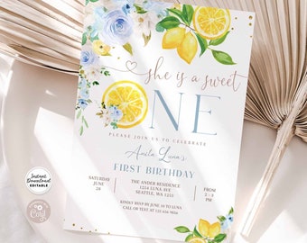 Invitación de primer cumpleaños de Blue Lemonade: Plantilla de invitación de primer cumpleaños de Lemon Sweet 157K2
