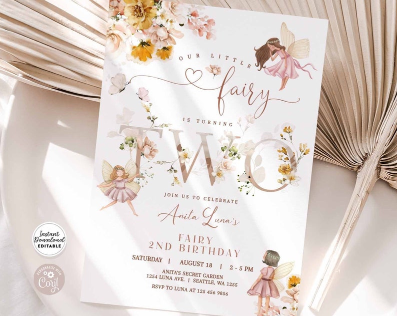 Editable Fairy 2nd Birthday Invitation Butterfly Magical Wildflower Garden Fairy Floral Fairy Birthday Invite Instant