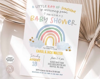 May include: A baby shower invitation with a rainbow, clouds, and stars. The text reads "A Little Ray of Sunshine is arriving soon. Join us for a Baby Shower." The invitation also includes the names Carol & Jack Walter, the date Saturday August 18, the time from 2-4 pm, and the location Elisa's Back Yard 21258 Wellington Ave Seattle, WA 12555.