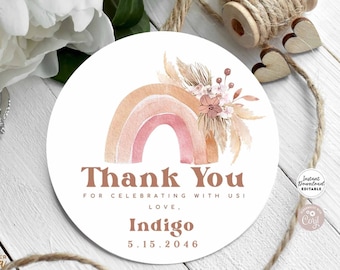 Bearbeitbare Boho Regenbogen Runde Label Aufkleber Tag Pampas Gras Regenbogen Baby Shower Danke Favor Etiketten Tags druckbare Sofortiger Download 530K1