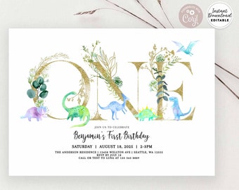 Editable Boy Dino Dinosaur FIRST Birthday Invitation Dino Party Invite Invitation Printable Digital Template Instant Download 438K1 (1)