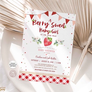 Editable Strawberry Baby Shower Invitation Berry Sweet Baby Shower Invite Berry Sweet Baby Shower Invite Printable 1483V1 (2)