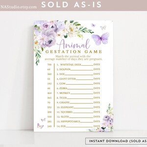 Purple Gold Butterfly Animal Gestation Game Printable Virtual Butterfly Baby Shower Sprinkle Games Digital Printable Instant Download 554BB