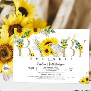 Bearbeitbare Sonnenblume Elefant Baby Sprinkle Einladung Gender Neutral junge Mädchen Sonnenblume Elefant einladen Vorlage Sofort Download 409V1 (6)