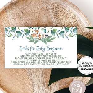 Bewerkbare bosbabyshower Gepersonaliseerde boekaanvraag Invoegen Jongen Breng een boek in plaats van kaart Douche-invoegingen Sjabloon Bewerkbare AL572