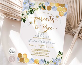 Modificabile Blu Floreale Miele Genitori a Bee Baby Shower Ragazzo Sprinkle Invito Baby Boy Bee Honey Shower Template Download istantaneo 1574V3 (2)