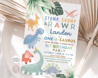 Editable Blue Boy One-A-Saurus Dinosaur Birthday Invite Dino T Rex Blue Green Dino Party Printable Template Instant Download 277K2 (1)