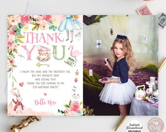 Editable Pink Floral Alice In Wonderland Birthday Photo Thank You Flat Card Editable Printable Template / Instant Download 789