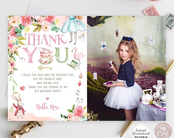 Editable Pink Floral Alice In Wonderland Birthday Photo Thank You Flat Card Editable Printable Template / Instant Download 789