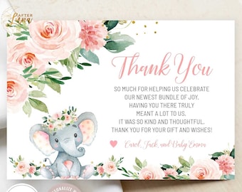 May include: A baby shower thank you card with a watercolour design. The card features a grey elephant with a floral crown, surrounded by pink roses and greenery. Text includes "Thank You" and a personalized message.