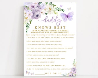 Purple Gold Butterfly Daddy Knows Best Game Printable Virtual Butterfly Baby Shower Sprinkle Games Digital Printable Instant Download 554BB