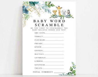 Greenery Gold Safari African Jungle Animals Baby Scramble Game Printable Virtual Baby Shower Games Printable Instant Download AL20