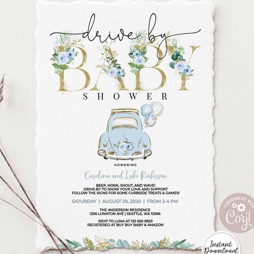 Drive by Baby Shower Invitation Template Blue Greenery Gold Etsy