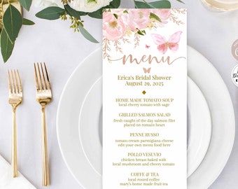 Editable ANY EVENT Rose Gold Pink Butterfly Baby Bridal Shower Baptism Birthday Editable Menu Printable Template Instant Download 1406