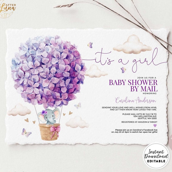 Editable Baby Shower By Mail Invitation Girl Elephant Lavender Purple Hot Air Balloon Sprinkle By Mail Invite Invites Instant Download AL367