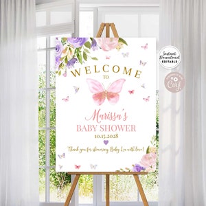 EDITABLE Butterfly Pink Purple Lilic Girl Butterfly Baby Shower Sprinkle Welcome Yard Sign Decor Sign Template Instant Download AL179