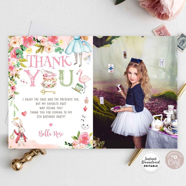 Editable Pink Floral Alice In Wonderland Birthday Photo Thank You Flat Card Editable Printable Template / Instant Download 789