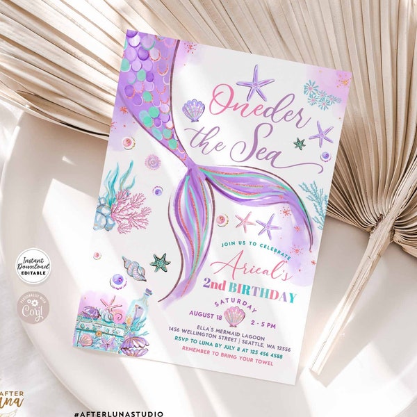 Editable Purple Pink ONEder the Sea Mermaid First 1st Mermaid Birthday Little Mermaid Invite Printable Template Instant Download 1326 (2)