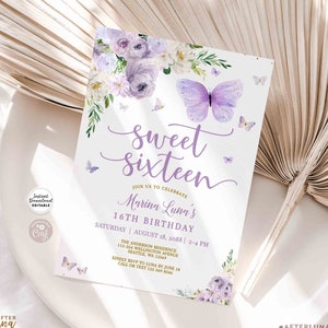 Editable Sweet 16 Purple Lavender Butterfly Sweet 16 Birthday Invitation Invite Printable Template Instant Download 554KID (2)