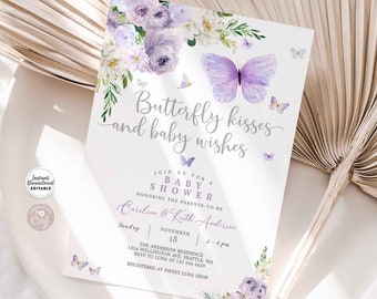 Edytowalny fioletowy lawendowy srebrnoszary motyl całusy i życzenia dla dziecka Baby Shower zaproszenie do wydruku szablon do natychmiastowego pobrania 556 (1)