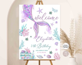 May include: Purple and teal mermaid tail welcome sign with a watercolor background. The sign says "Welcome to Elizabeth's 5th Birthday Celebration 8.15.20XX".