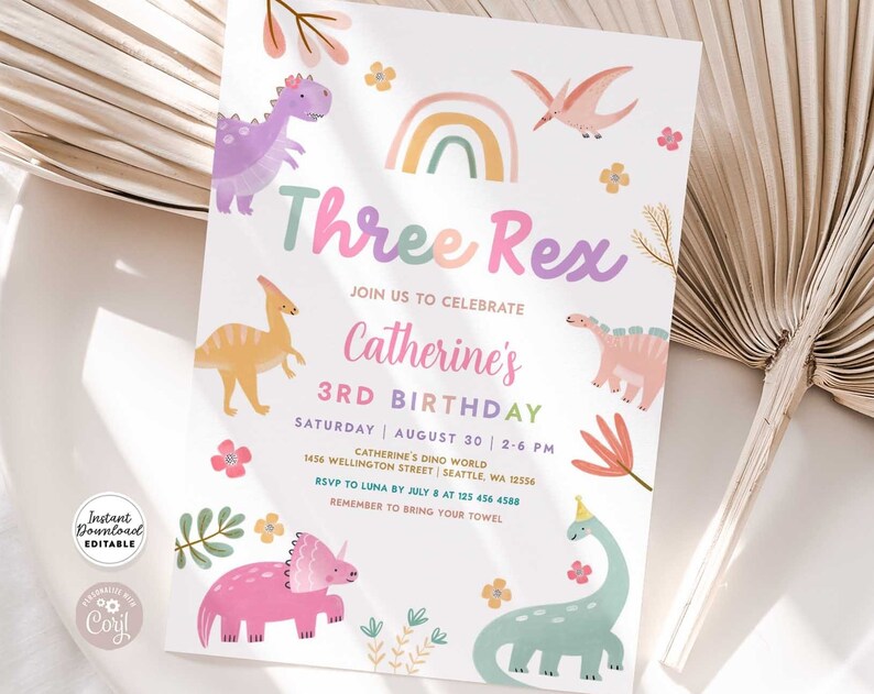 Editable Three Rex Invitation Dino Birthday Invite 3 Rex Pink Lavender Purple Dino Party Printable Template Instant Download
