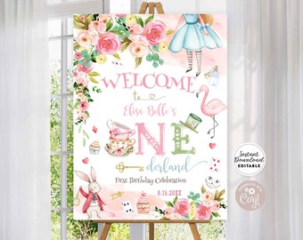 Bearbeitbare Alice in ONEderland Teeparty 1.Erstgeburtstag Willkommensschild Zeichen Druckbare Vorlage Sofort-Download 789