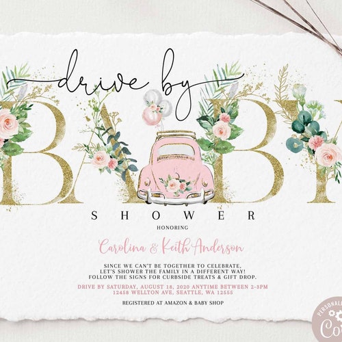 Editable Drive by Baby Shower Invitation Pink Floral Drive Etsy