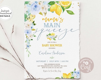 Edytowalny Cytrynowy Baby Shower Zaproszenie Chłopięcy Baby Blue Citrus Mama's Main Squeeze Baby Shower Zaproszenie Szablon Natychmiastowe Pobieranie 157V2