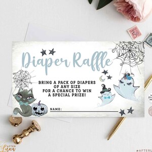Editable Halloween Boy A Little Boo Blue Halloween Baby Shower Invitation Insert Diaper Raffle Ticket Digital Template Instant Download 65B2