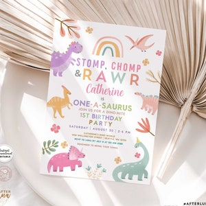 May include: A printable invitation template with a dinosaur theme. The invitation features colorful illustrations of dinosaurs, a rainbow, and floral accents. Text includes "Stomp, Chomp & Rawr" and details for a 1st birthday party.