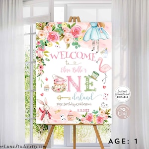 Editável Alice In ONEderland Tea Party 1º primeiro aniversário Sinal de boas-vindas Modelo para impressão Download instantâneo 789