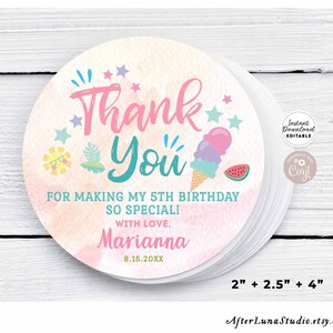 Editable Pool Side Party Birthday Thank You Round Tag Circle Labels Stickers Party Favor Printable Template Instant Download 919V10