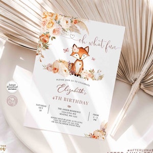 Modificabile Pampas Erba Autunno Zucca Fox Boho Birthday Invitation Girl Autumn Fox Birthday Invite Template Instant Download 309KID