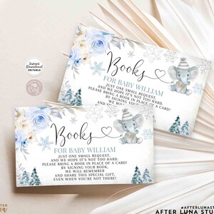 Éléphant bleu hiver modifiable pour baby shower, demande de livre à insérer Éléphant d'hiver, modèle de carte à insérer dans un livre, téléchargement immédiat 19V4