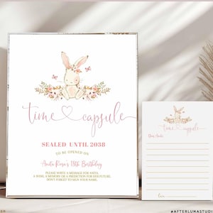 Rosa Kaninchen Mädchen Zeit Kapsel Zeichen und Karte Geburtstag Zeitkapsel Sprinkle Andenken Printable Sofort Download 934K1