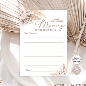 Editable Pampas Grass Boho Boho Carte mémoire préférée Anniversaire virtuel Nudal Baby Shower Modèle d’activité Téléchargement instantané 212BR1
