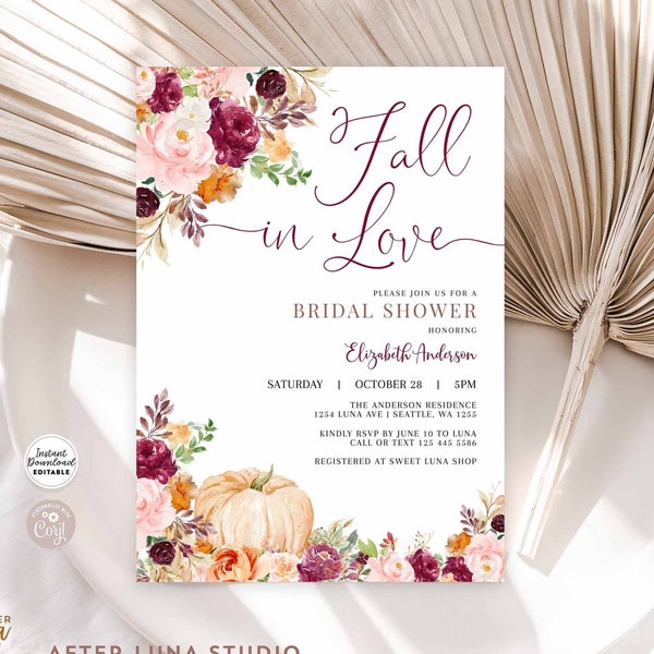 Editable Burgundy Fall Pumpkin Bridal Shower Invitation Fall in Love Falling in Love Bridal Brunch Invite Template Instant Download 28BR (1)