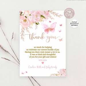 Borboleta editável rosa rosa ouro bebê polvilhe chuveiro, tome um gole e veja o aniversário, obrigado, cartão de nota plano, modelo editável, download instantâneo 1406