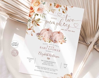 Editable TWINS Fall Pumpkin Baby Shower Sprinkle Invitation Girl Mauve Fall Autumn Baby Shower Template Instant Download 29V12 (1)