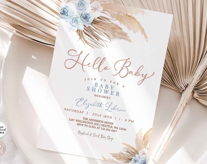 Editable Pastel Blue Pampas Grass Boho Baby Shower Invitation Boy Bohemian Baby Shower Invites Printable Template Instant
