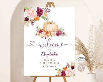 Editable Burgundy Pink Fall Pumpkin Baby Shower Sprinkle Bridal Couple Wedding Welcome Yard Sign Template Instant Download AL28