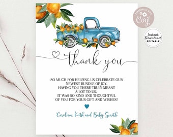 Editable Orange Blue Pickup Truck Baby Shower A2 (5.5x4.25") Thank You Flat Card Editable Template / Instant Download 160V7