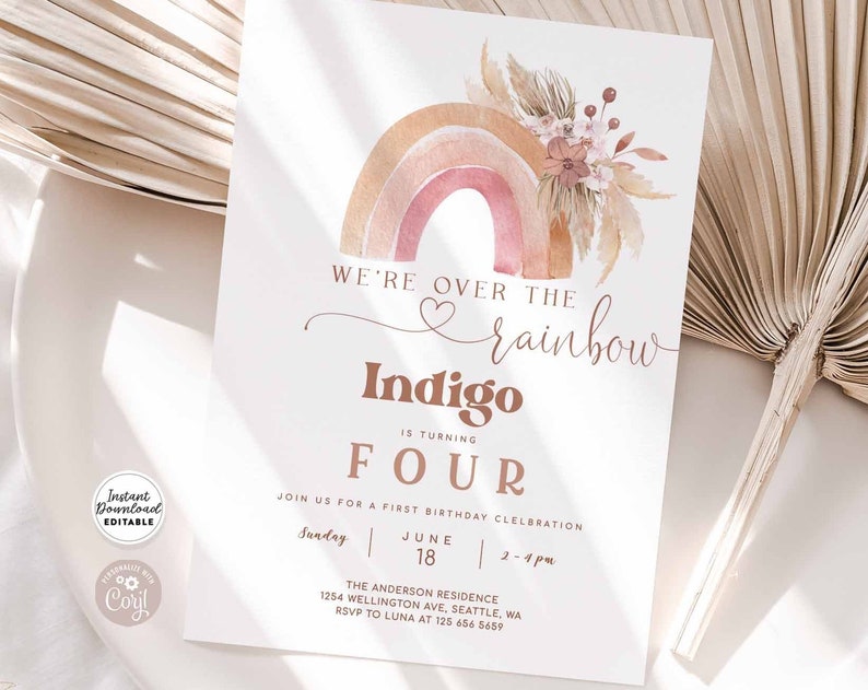 Editable ANY AGE Boho Rainbow Birthday Invitation Girl Hippie Earthy Pampas Grass Rainbow Party Invite Template Instant