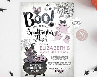 May include: A Halloween-themed invitation with the word "Boo!" in large letters. The invitation includes illustrations of ghosts, bats, and a black cat in a cauldron. The text reads "Join us for a Spooktacular Bash" and includes event details.